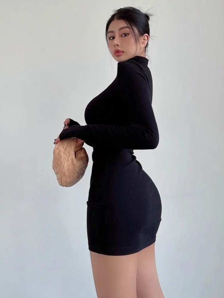 Red Half Turtleneck Mini Dress Women Y2K Long Sleeve Sexy Slim Hip Dress Fall Winter Ladies Streetwear Party Club Vestidos Black - JN Fashion Fusion