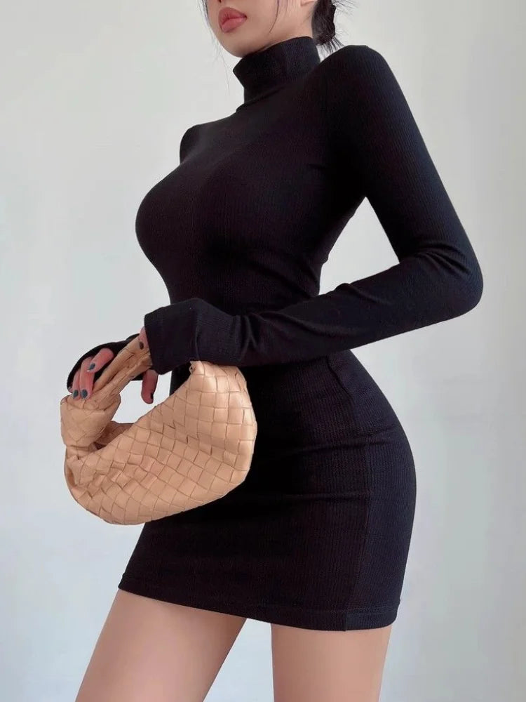 Red Half Turtleneck Mini Dress Women Y2K Long Sleeve Sexy Slim Hip Dress Fall Winter Ladies Streetwear Party Club Vestidos Black - JN Fashion Fusion