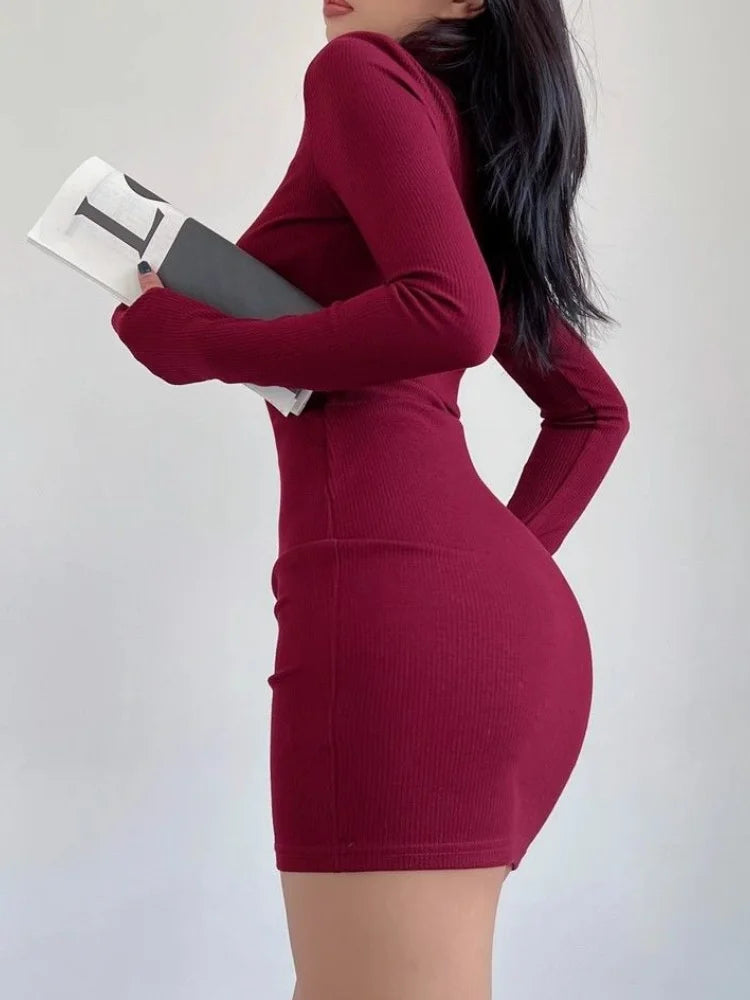 Red Half Turtleneck Mini Dress Women Y2K Long Sleeve Sexy Slim Hip Dress Fall Winter Ladies Streetwear Party Club Vestidos Black - JN Fashion Fusion