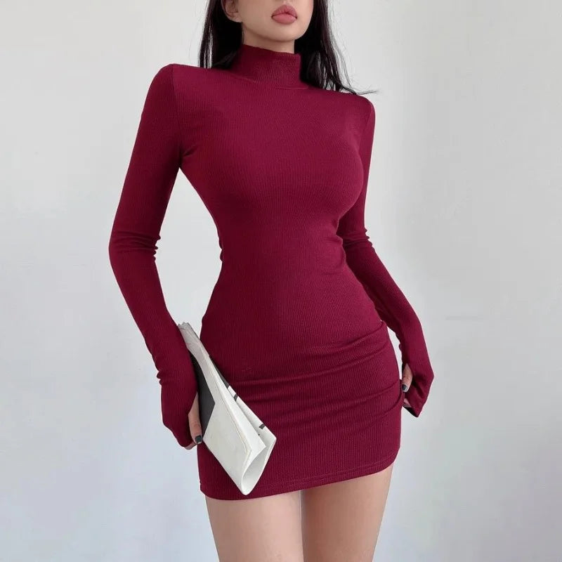 Red Half Turtleneck Mini Dress Women Y2K Long Sleeve Sexy Slim Hip Dress Fall Winter Ladies Streetwear Party Club Vestidos Black - JN Fashion Fusion