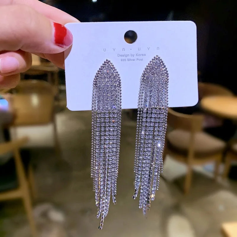 Silver Needle Long Dangle Drop Earrings for Women Jewelry Bling Rhinestone Gold Female Tassel Earrings Bijoux
