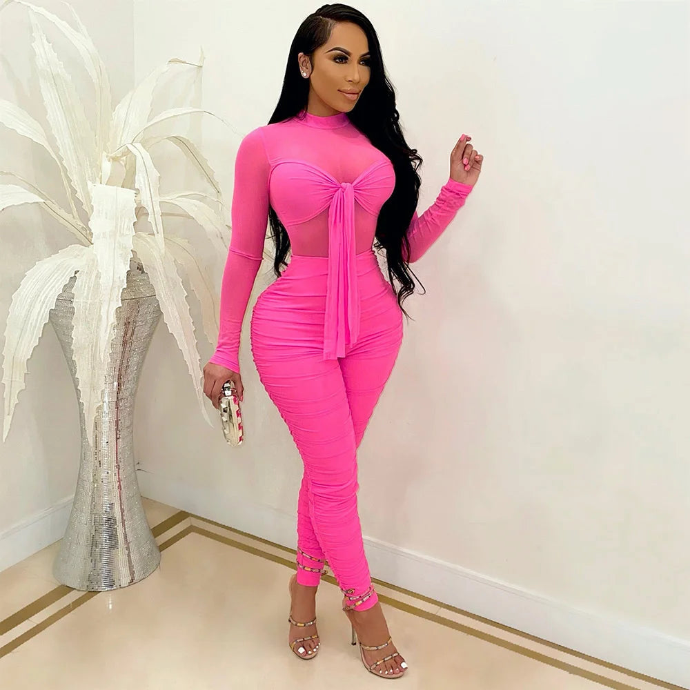 Sexy Mesh Sheer Bodycon Jumpsuit Women Long Sleeve Bow Tie Skinny Ruched Club Party Romper Elegant Overalls Combinaison Femme - JN Fashion Fusion