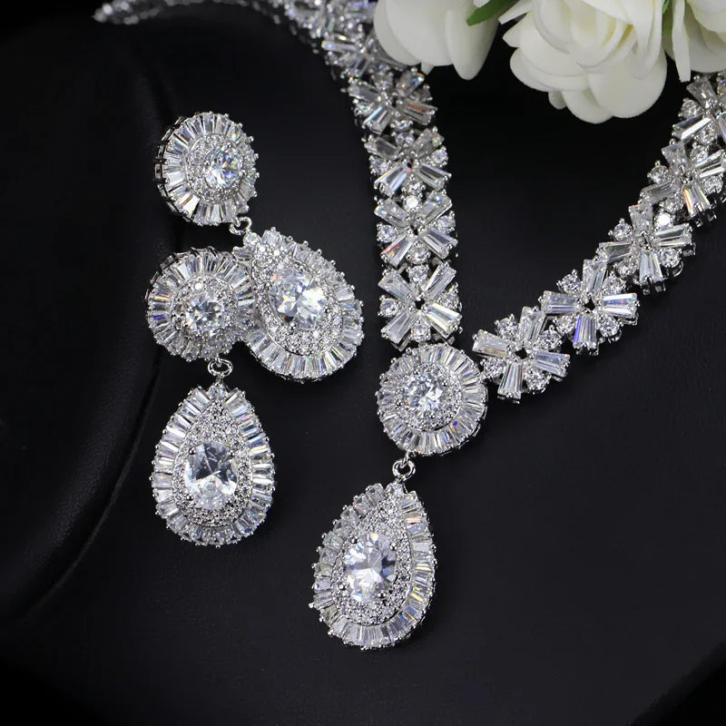 ThreeGraces Luxurious Blue Cubic Zirconia Stone Silver Color Large Bridal Wedding Earrings Necklace Jewelry Set for Women TZ775 - JN Fashion Fusion