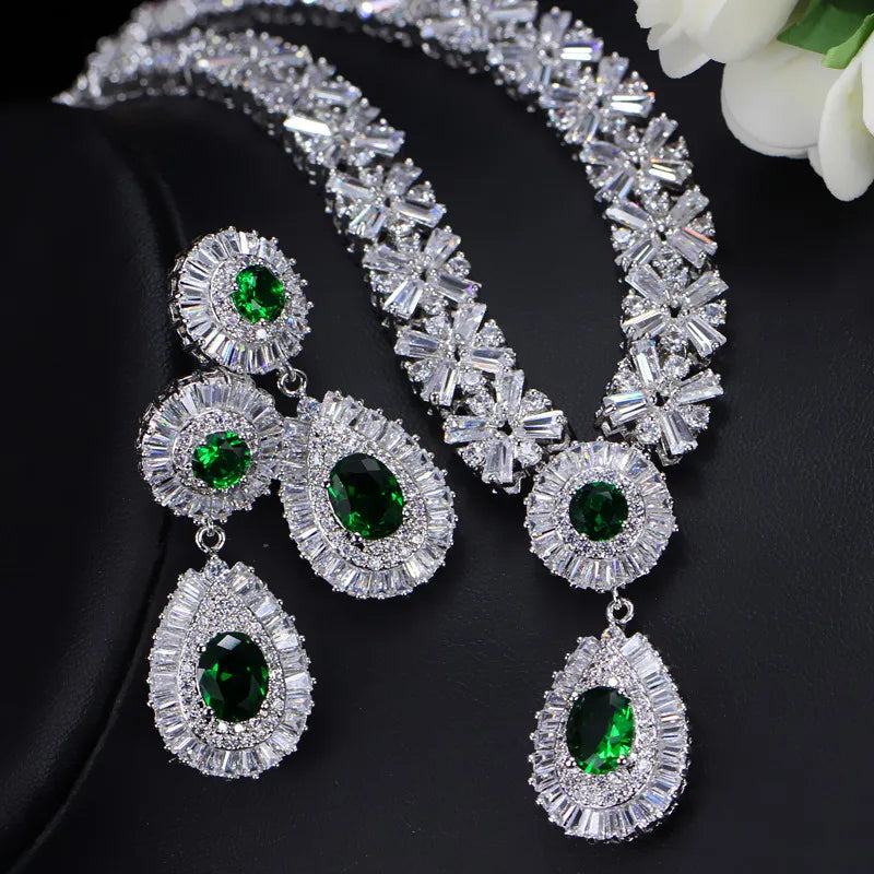 ThreeGraces Luxurious Blue Cubic Zirconia Stone Silver Color Large Bridal Wedding Earrings Necklace Jewelry Set for Women TZ775 - JN Fashion Fusion