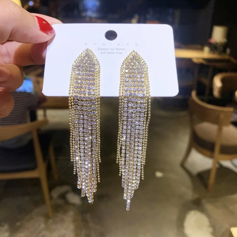 Silver Needle Long Dangle Drop Earrings for Women Jewelry Bling Rhinestone Gold Female Tassel Earrings Bijoux