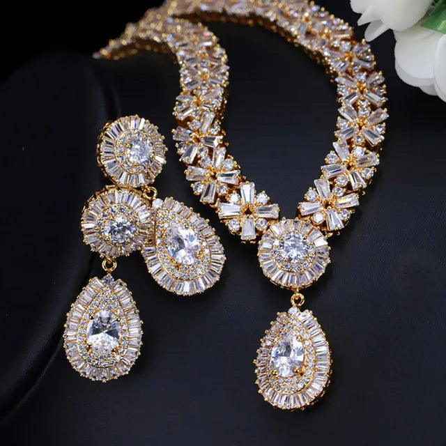 ThreeGraces Luxurious Blue Cubic Zirconia Stone Silver Color Large Bridal Wedding Earrings Necklace Jewelry Set for Women TZ775 - JN Fashion Fusion