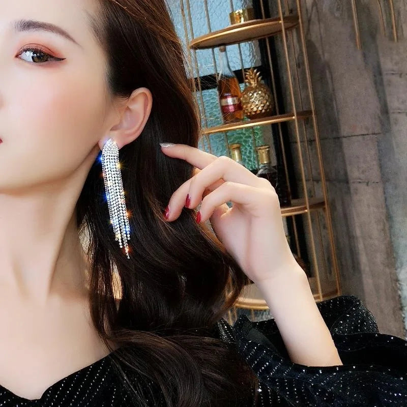 Silver Needle Long Dangle Drop Earrings for Women Jewelry Bling Rhinestone Gold Female Tassel Earrings Bijoux