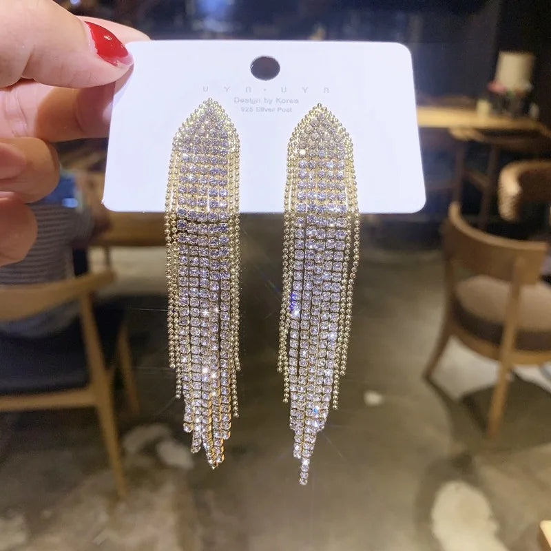 Silver Needle Long Dangle Drop Earrings for Women Jewelry Bling Rhinestone Gold Female Tassel Earrings Bijoux