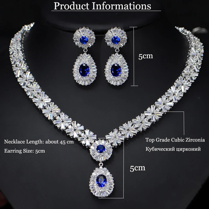 ThreeGraces Luxurious Blue Cubic Zirconia Stone Silver Color Large Bridal Wedding Earrings Necklace Jewelry Set for Women TZ775 - JN Fashion Fusion