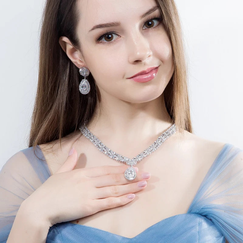 ThreeGraces Luxurious Blue Cubic Zirconia Stone Silver Color Large Bridal Wedding Earrings Necklace Jewelry Set for Women TZ775 - JN Fashion Fusion