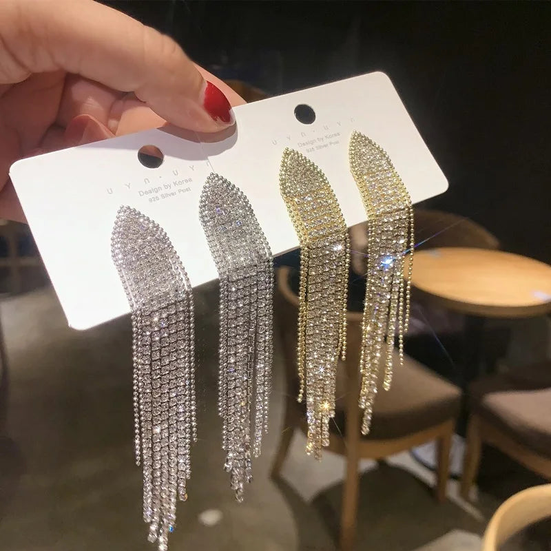 Silver Needle Long Dangle Drop Earrings for Women Jewelry Bling Rhinestone Gold Female Tassel Earrings Bijoux