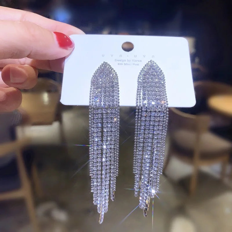 Silver Needle Long Dangle Drop Earrings for Women Jewelry Bling Rhinestone Gold Female Tassel Earrings Bijoux