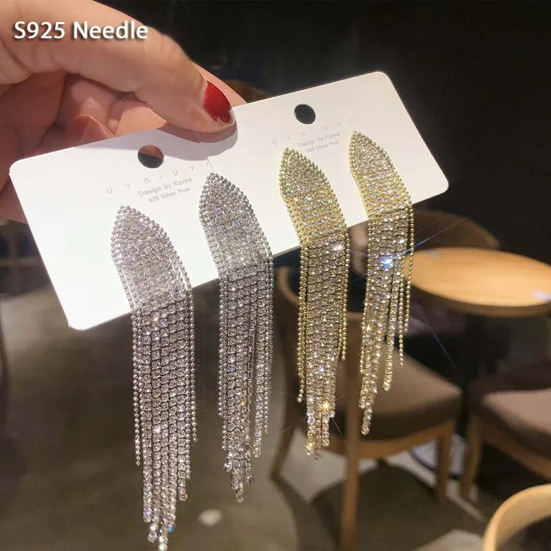 Silver Needle Long Dangle Drop Earrings for Women Jewelry Bling Rhinestone Gold Female Tassel Earrings Bijoux