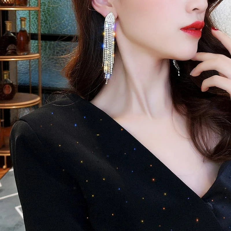 Silver Needle Long Dangle Drop Earrings for Women Jewelry Bling Rhinestone Gold Female Tassel Earrings Bijoux