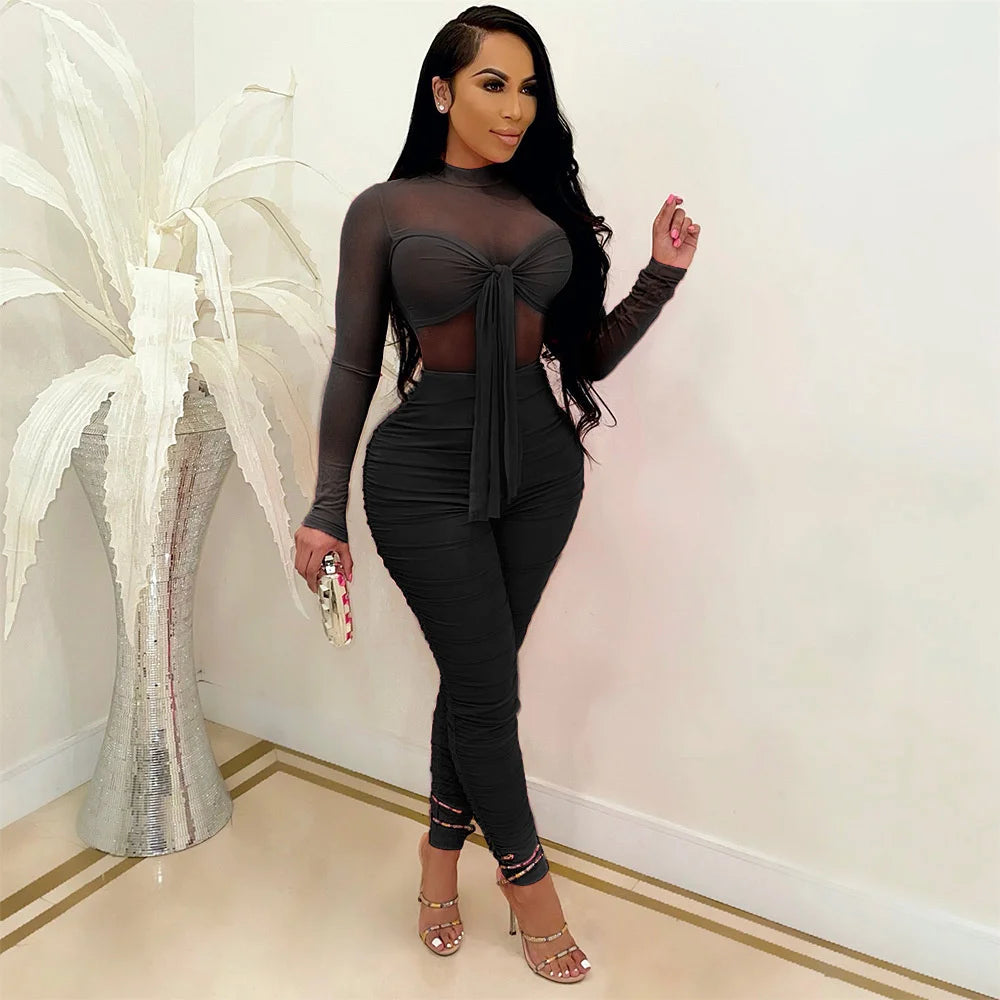 Sexy Mesh Sheer Bodycon Jumpsuit Women Long Sleeve Bow Tie Skinny Ruched Club Party Romper Elegant Overalls Combinaison Femme - JN Fashion Fusion