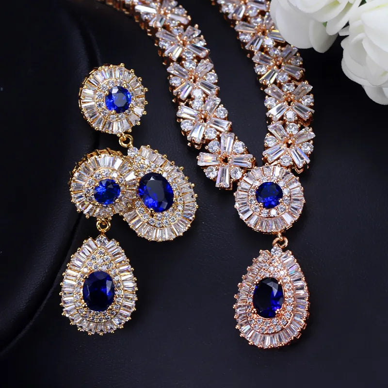 ThreeGraces Luxurious Blue Cubic Zirconia Stone Silver Color Large Bridal Wedding Earrings Necklace Jewelry Set for Women TZ775 - JN Fashion Fusion
