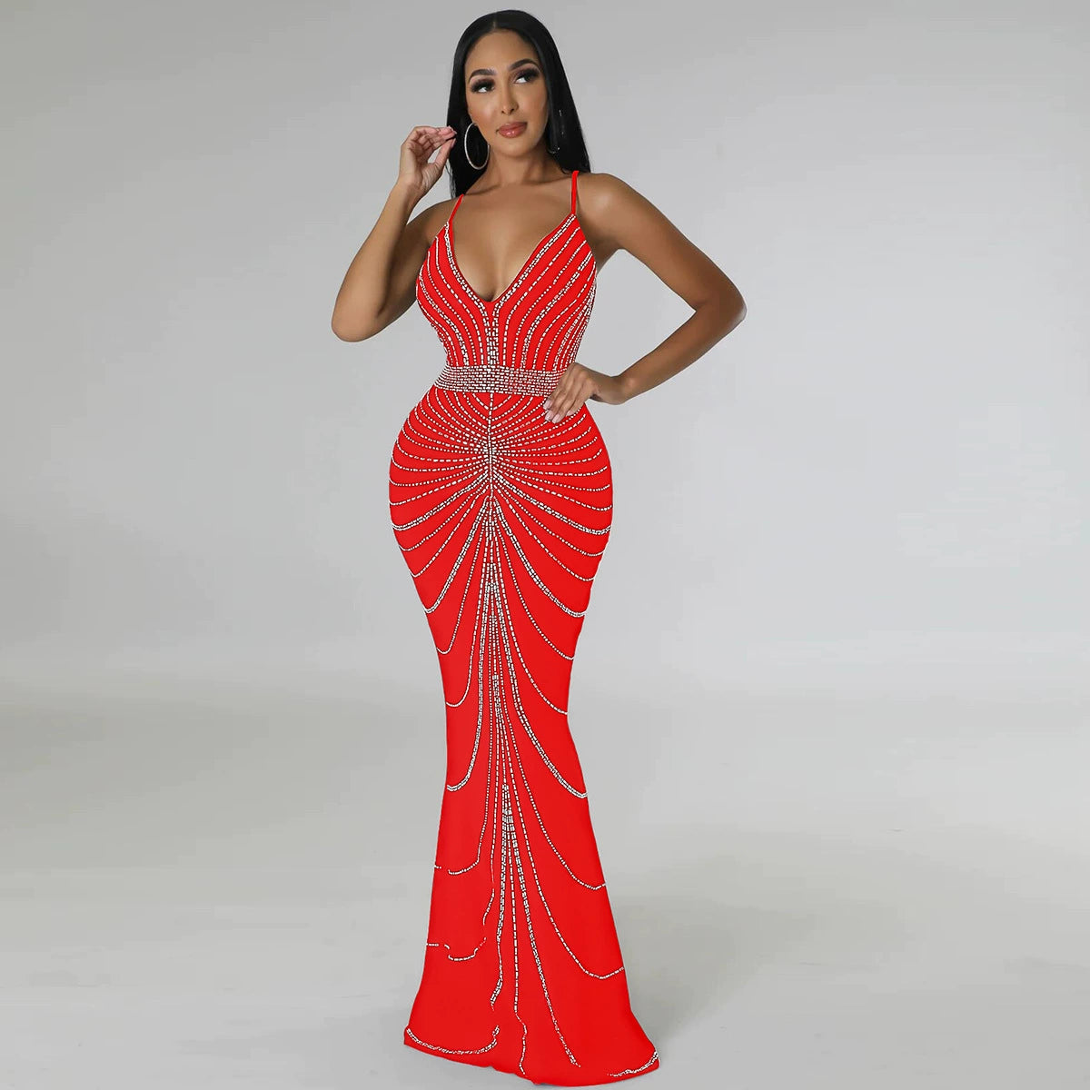 Sleeveless Big Size Dress Mesh Dress Bling Studded Skirt Red - JN Fashion Fusion