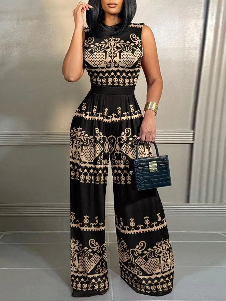 Elegant Women Stand Neck Slim Long Sleeve Bodysuits Fall/winter Fashion Print Wide Leg Rompers Casual Waist Jumpsuits Streetwear - JN Fashion Fusion