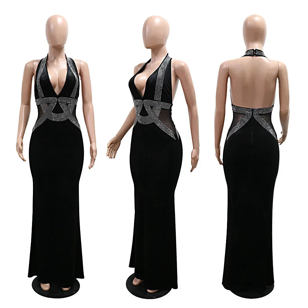CM.YAYA Women Sleeveless Halter Diamonds Velvet Mermaid Long Dress 2025 Winter Evening Party Night Club V-neck Dresses Vestidos - JN Fashion Fusion