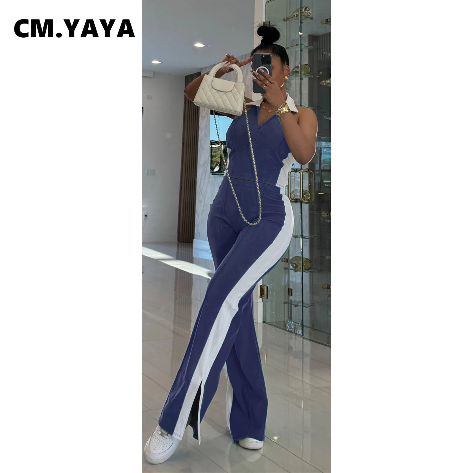 CM.YAYA Sporty Patchwork Women's Set Sleeveless Polo-tank Tops and Slit Flare Pants 2025 Active Two 2 Piece Set Outfit Tracksuit - JN Fashion Fusion