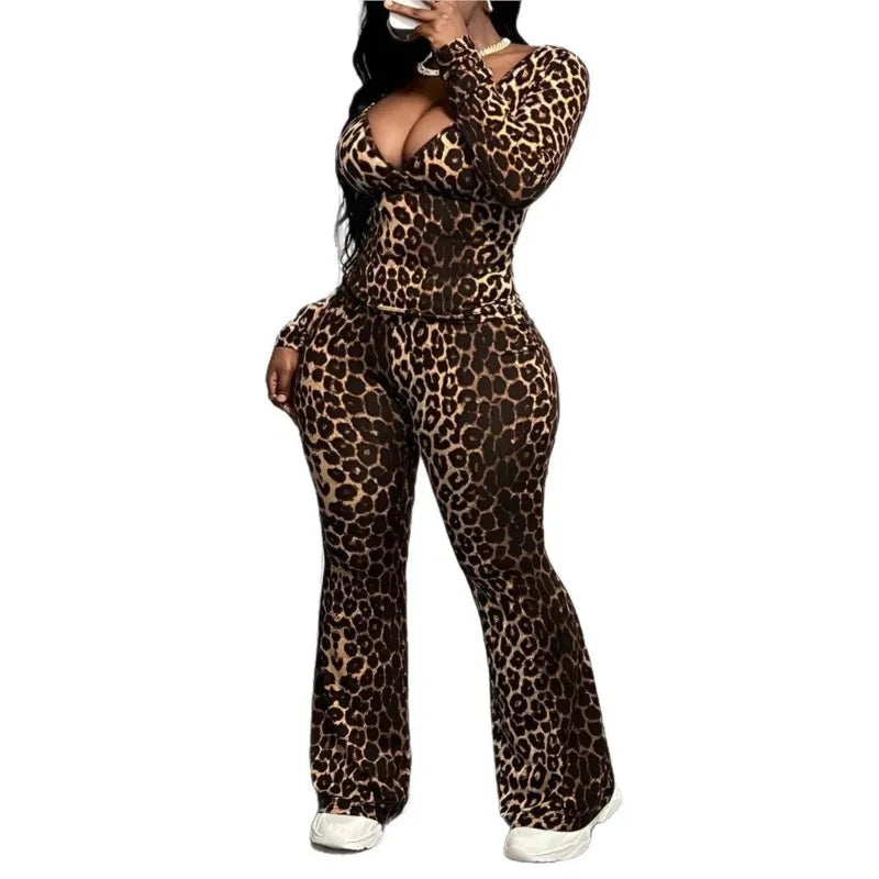 sexy Women's 2-piece Sets Suit Spring Summer Large size women deep v-neck two-piece leopard long-sleeve trousers set clothing - JN Fashion Fusion