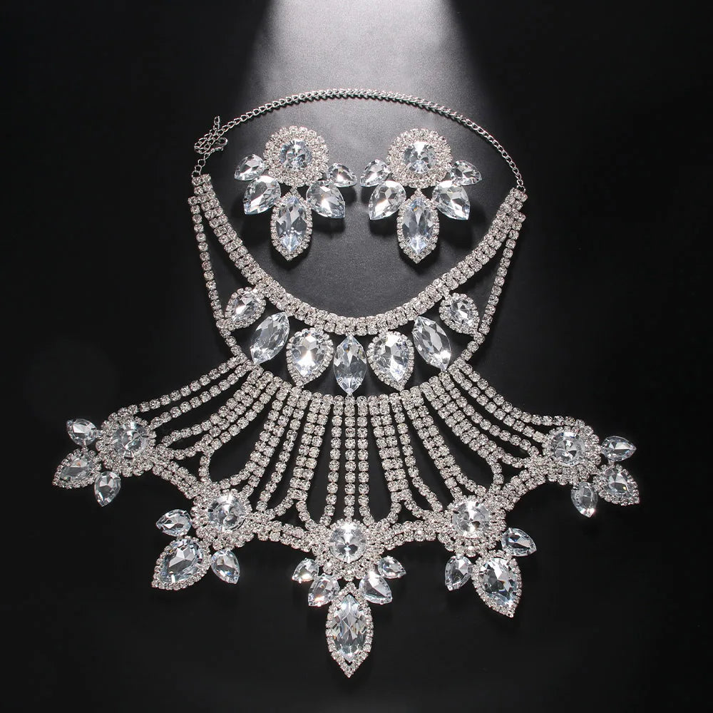 Exaggerated Rhinestone Crystal Necklace Set Water Drop for Women Dubai Multi Layer Tassel Bridal Jewelry Set Necklace Earrings - JN Fashion Fusion