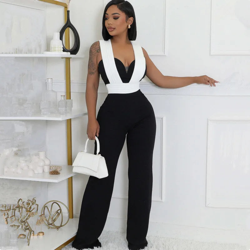 New Trendy Women Summer Jumpsuit Sexy Office Lady White Black Patchwork Hollow Out Jumpsuit - JN Fashion Fusion