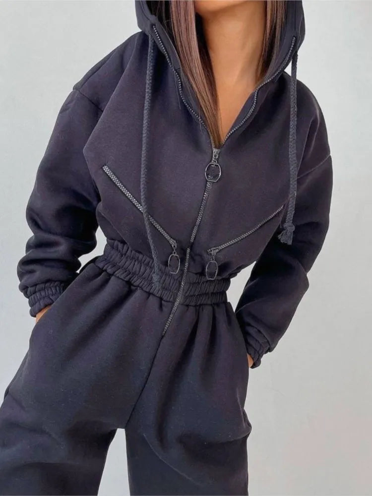 Casual Hooded Sweatshirt Women's Jumpsuits New Autumn And Winter Warm Half Zipper Slim Waist Trotter Female Sports Rompers 2025 - JN Fashion Fusion