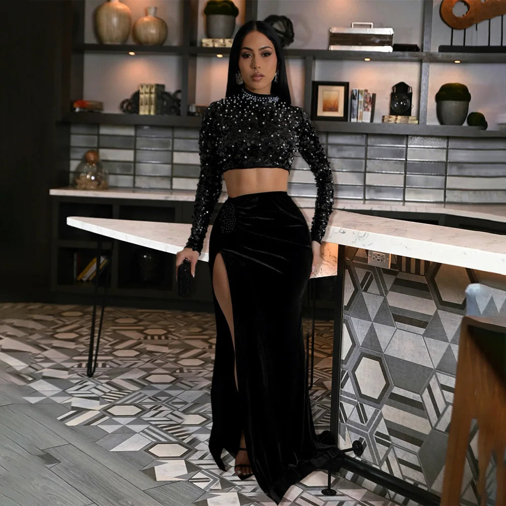 CM.YAYA Winter Women Velvet Sets Full Sleeve Sequined Pearls Sexy Crop Top and Long Skirt Set Street Party Club 2 Two Piece Sets - JN Fashion Fusion