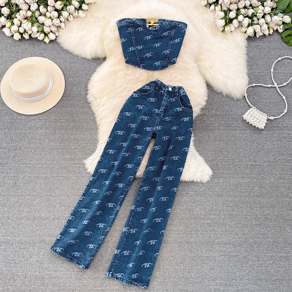 Two Piece Set Women Sleeveless Bandeau Tops Sexy Crop Shirt Button Pant Sets Straight Trousers Pockets Casual Matching Sets - JN Fashion Fusion