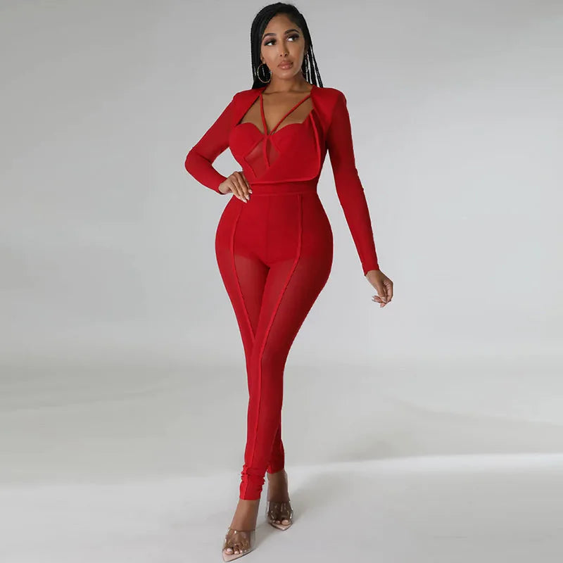 Sexy Mesh Patchwork Sheer Night Club Bodycon Jumpsuit for Women See Through One Piece Rompers Clubwear Party Birthday Outfits - JN Fashion Fusion
