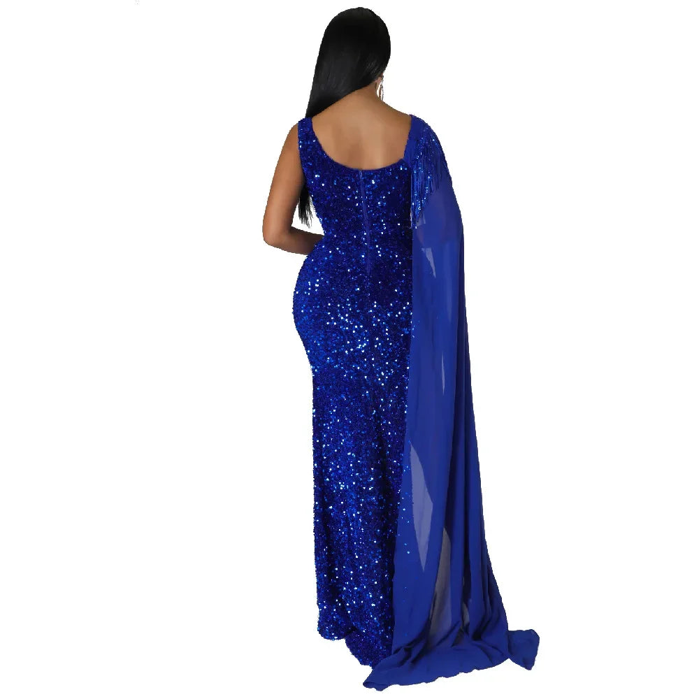 Fashionable Long Skirt Evening Dress Sexy Hip-hugging Glittering Fringed Sleeveless Birthday Party Dress For Women