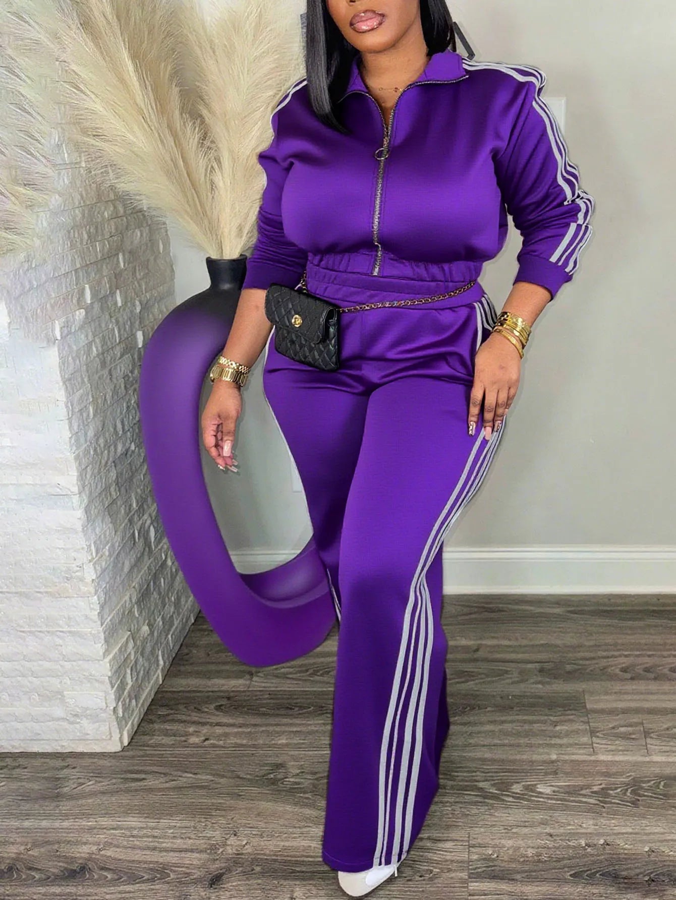 Women’s 2 Piece Tracksuit Set Zip-Up Top + High Waist Pants Side Stripe Casual Outfit - JN Fashion Fusion