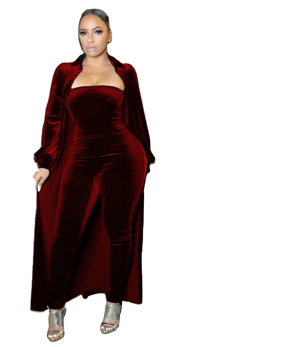 CM.YAYA Vintage Velvet Two 2 Piece Set Outfits for Women Long Sleeve Maxi Cardigan + Strapless Jumpsuit Suit INS 2022 Tracksuit