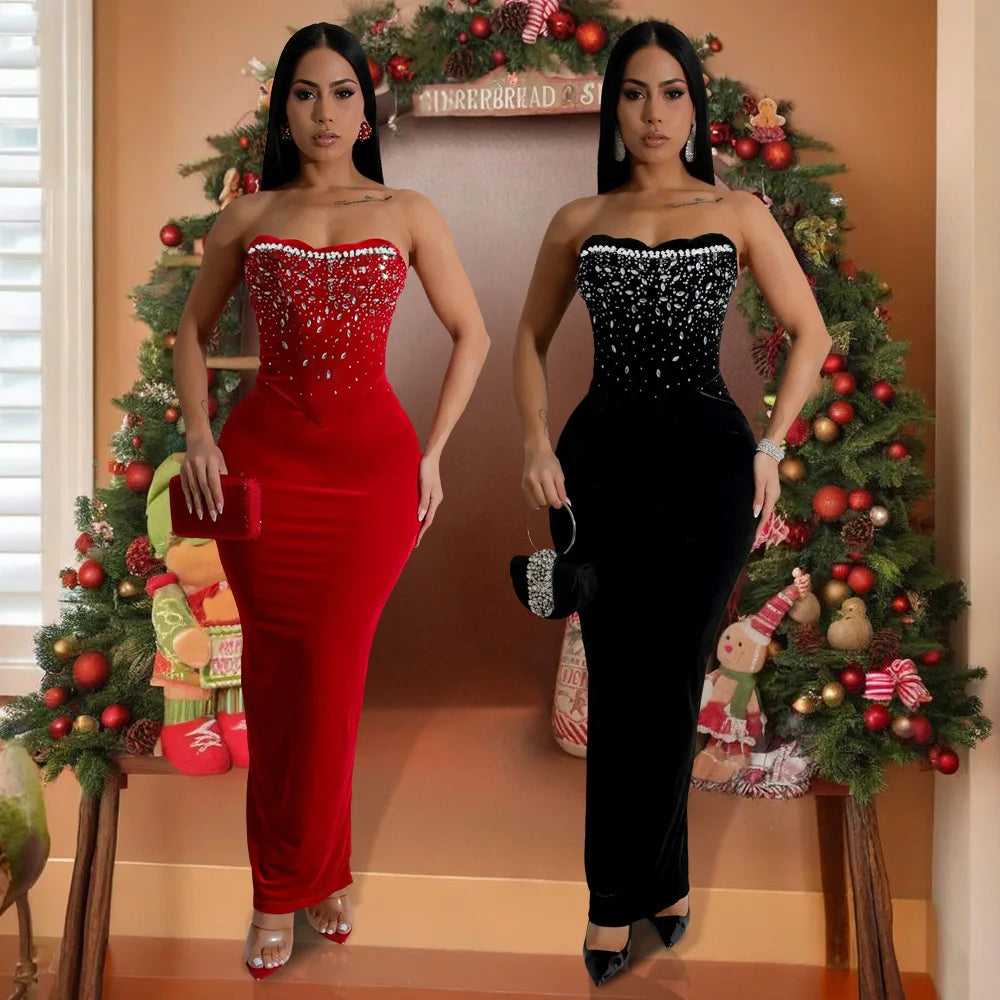 CM.YAYA Diamonds Hot Rhinestones Strapless Women Velvet Long Dress 2025 Spring Birthday Party Night Evening Prom Maxi Dresses - JN Fashion Fusion