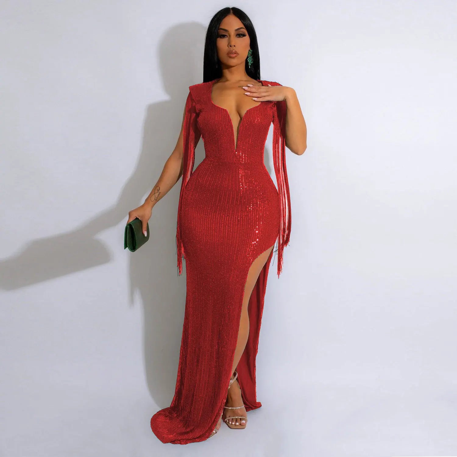 CM.YAYA Women Sequined Tassel Sleeve High Side Slit Midi Maxi Long Dress Autumn Winter Sexy Prom Party Evening Bodycon Dresses - JN Fashion Fusion