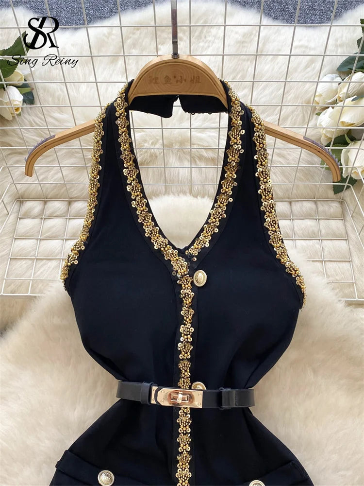 SINGREINY French Senior Short Dress Ladies V Neck Halter Backless With Belt Slim Sundress Beading Sequins Fashion Chic Dress - JN Fashion Fusion