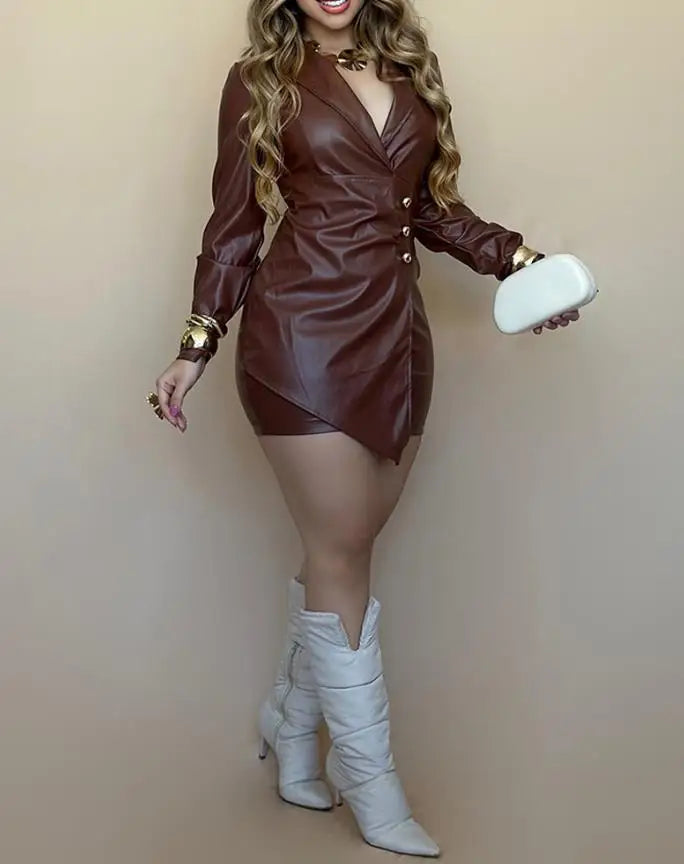 Vintage Sexy Leather Skirt Women 2026 Sexy Long Sleeve Notched Collar Bodycon Dress Casual Waist Metal Button Sexy Pu Mini Dress