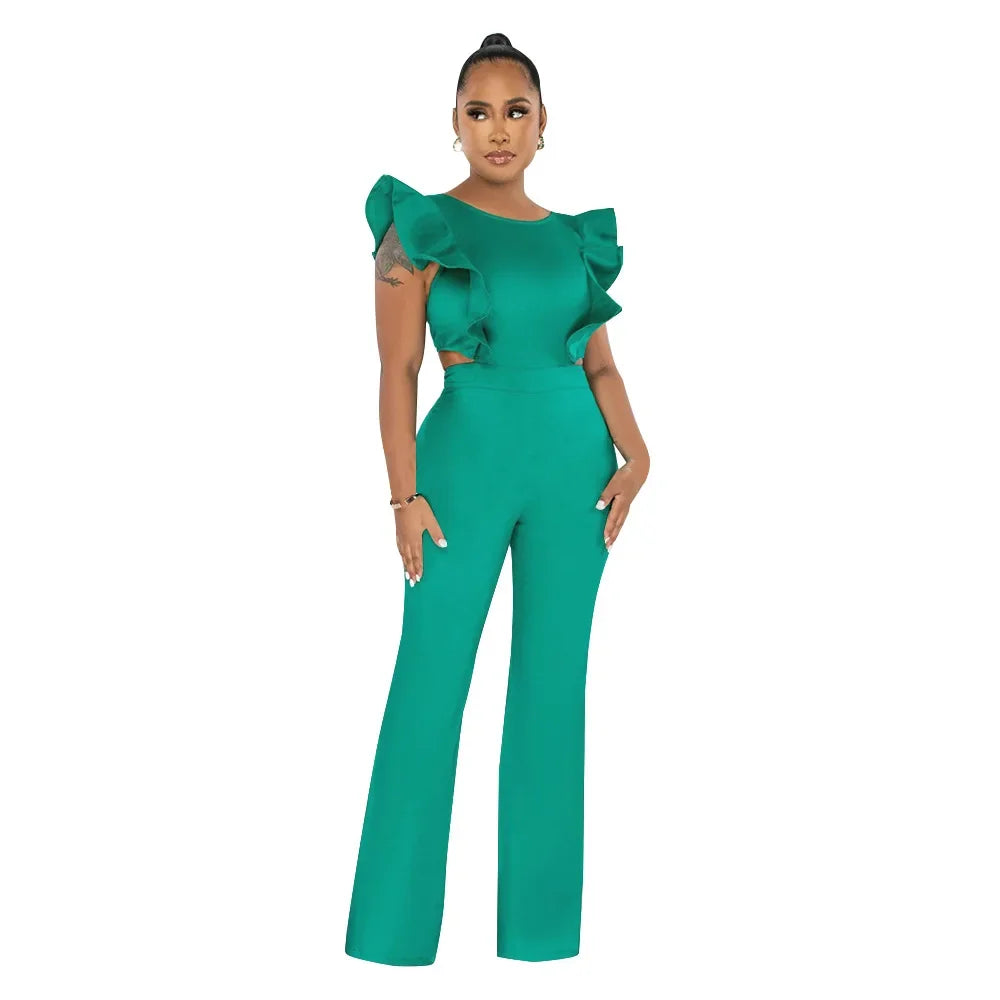 Solid Ruffled Sleeveless Jumpsuit Women Summer Rompers Bodysuits O Neck High Waist Wide Leg Pant Jumpsuit Streetwear Overalls - JN Fashion Fusion