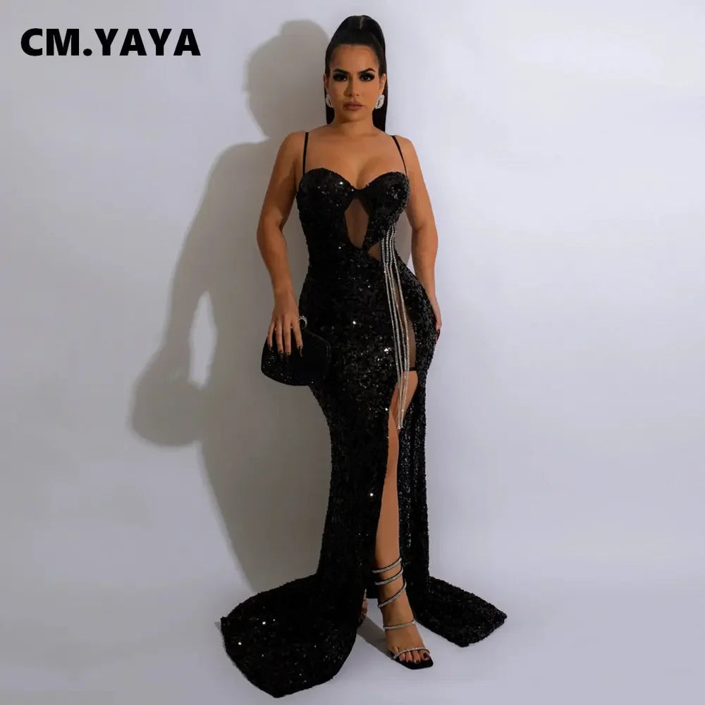 CM.YAYA Women Sequined Tassel Front Spaghetti Strap Sleeveless High Side Slit Maxi Long Dress 2023 Evening Sexy Party Dresses - JN Fashion Fusion