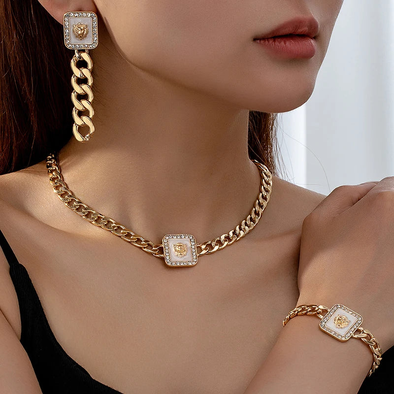 3PCS Vintage Gold Lion Head Jewelry Set for Women - Square Earring, Bracelet & Colorful Enamel Rhinestone Necklace - JN Fashion Fusion