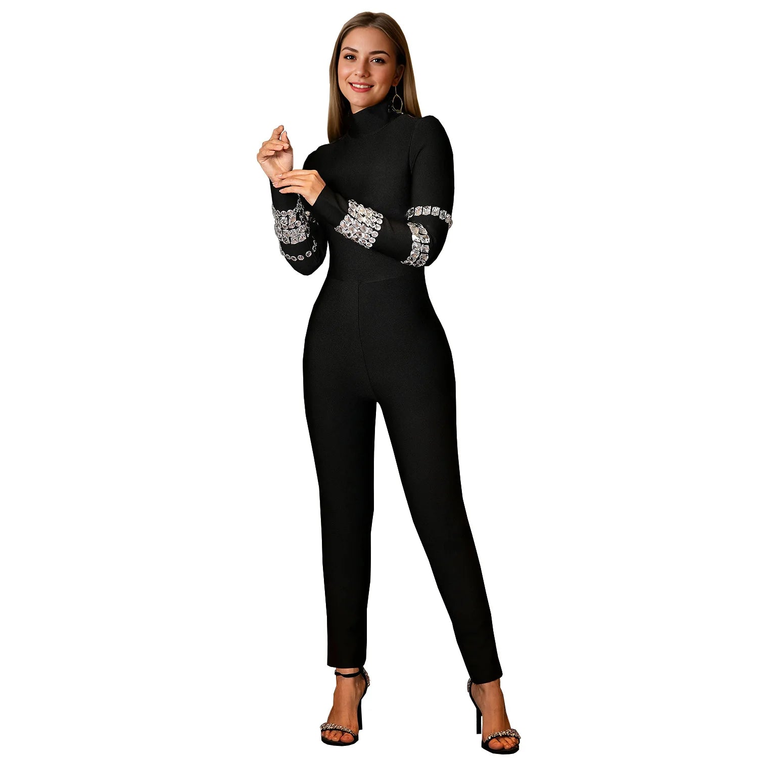 Slim Women Long Sleeve Jumpsuits With Diamonds Temperament Tracksuit Casual Solid Color Simple O NeckHoliday Women Outfit Pants