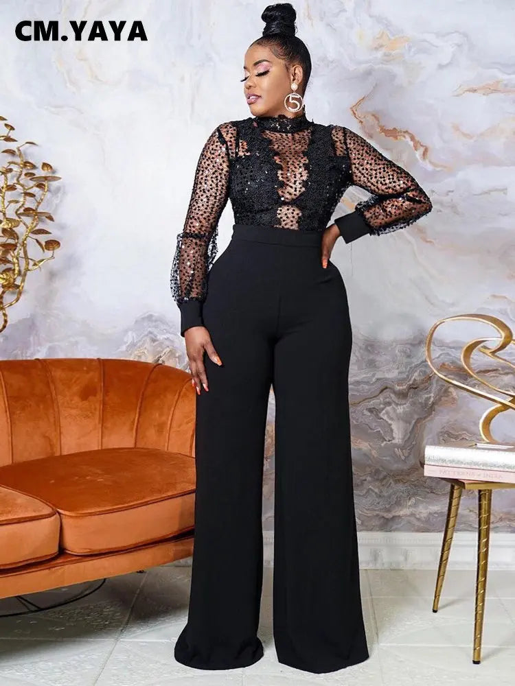 CM.YAYA Women Lace Patchwork Long Sleeve Loose Straight Jumpsuit Fashion Streetwear Sexy Party One Piece Set Overall Playsuit - JN Fashion Fusion