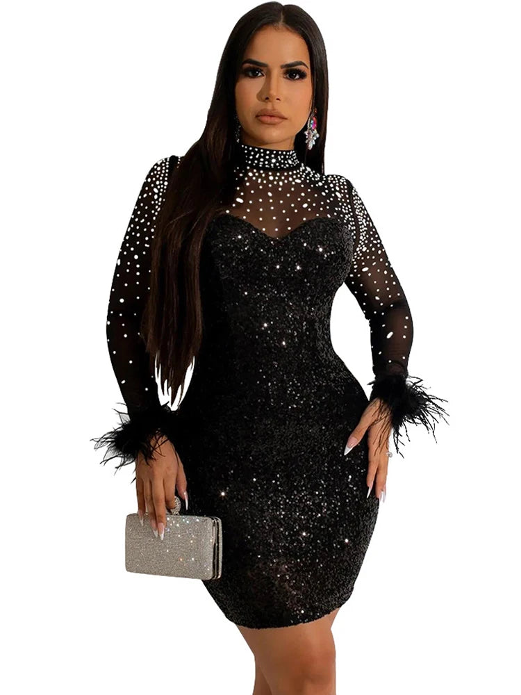 Sexy Mesh Rhinestone Sequin Feather Prom Mini Dresses See Through Night Club Outfits Party Sexy Clubwear Diamond Short Dress - JN Fashion Fusion