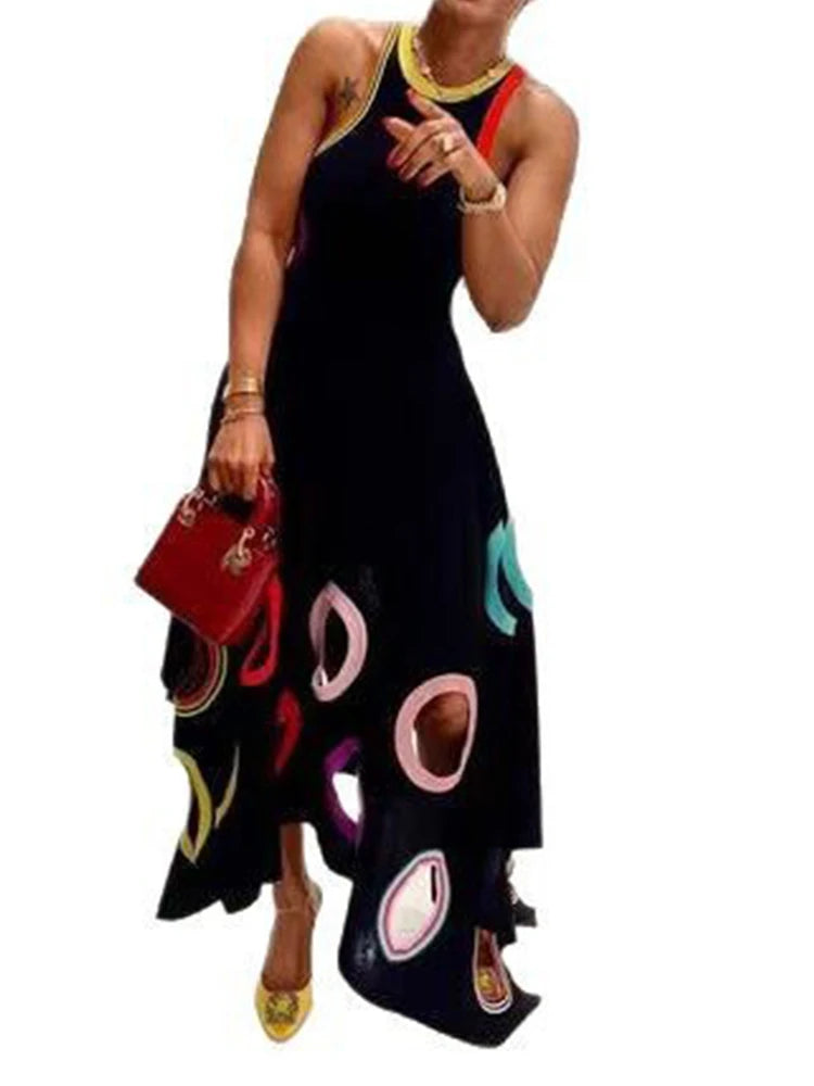 Women's Circle Hollow Out Tank Dress Round Neck Asymmetric Hem Pleated A-Line Casual Elegant Sleeveless High Street Sexy Dress - JN Fashion Fusion
