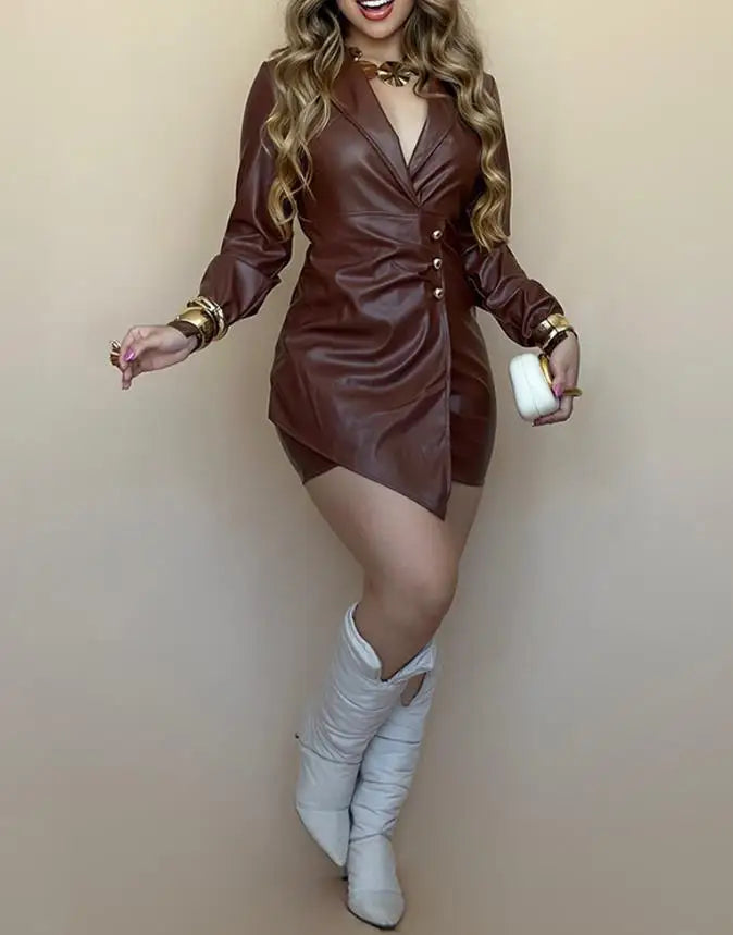 Vintage Sexy Leather Skirt Women 2026 Sexy Long Sleeve Notched Collar Bodycon Dress Casual Waist Metal Button Sexy Pu Mini Dress