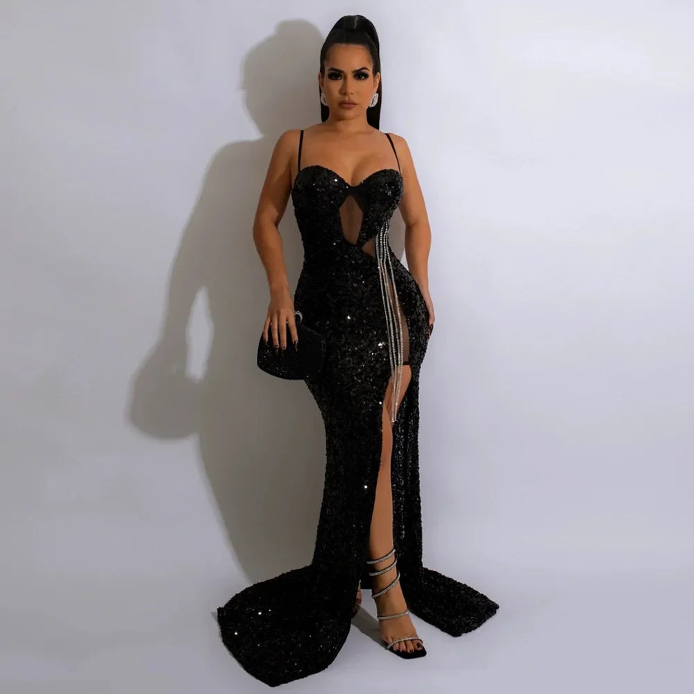 CM.YAYA Women Sequined Tassel Front Spaghetti Strap Sleeveless High Side Slit Maxi Long Dress 2023 Evening Sexy Party Dresses - JN Fashion Fusion