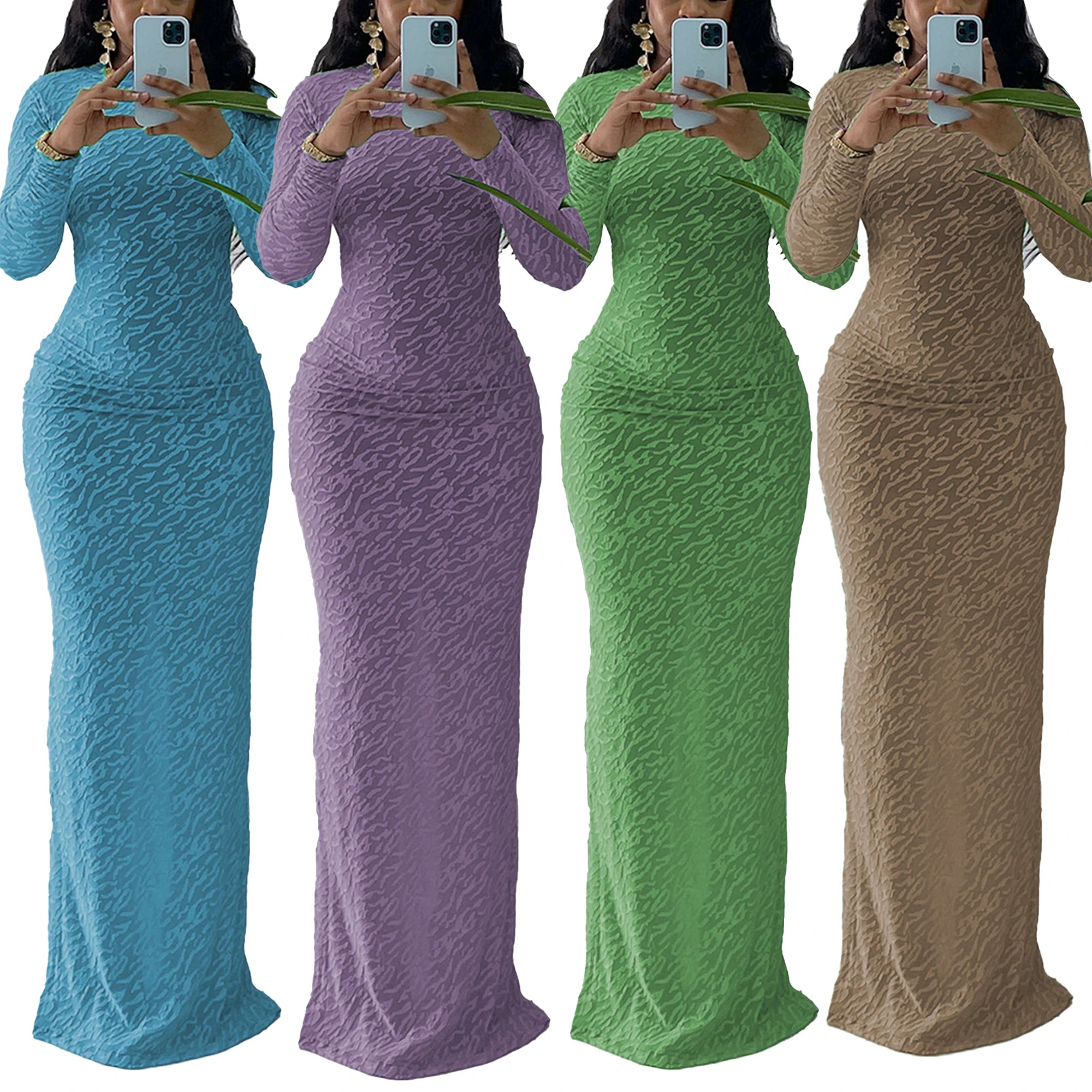 New Fashionable Round Neck Long Sleeve Flocked Slim European and American Women's Dress