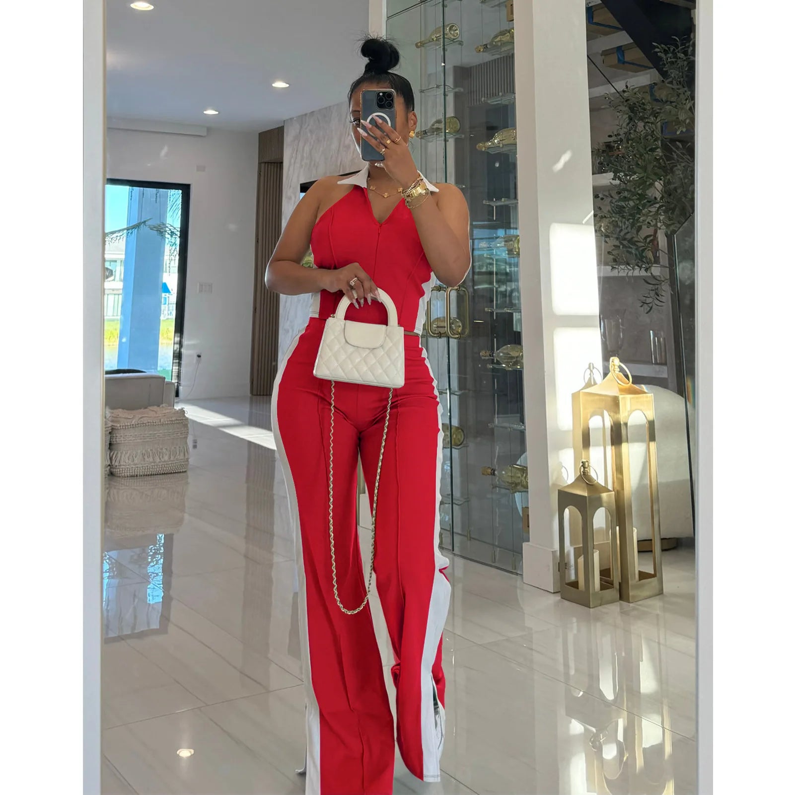 CM.YAYA Sporty Patchwork Women's Set Sleeveless Polo-tank Tops and Slit Flare Pants 2025 Active Two 2 Piece Set Outfit Tracksuit - JN Fashion Fusion