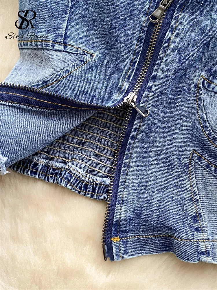 SINGREINY American Hotsweet Denim Suits Zipper Skinny Mini Top+High Waist Bodycon Skirt Women Summer Streetwear Two Piece Sets